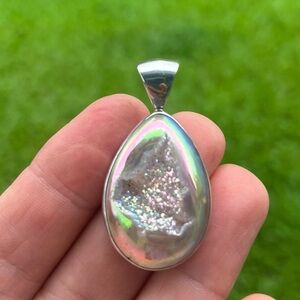 Sterling silver, white iridescent drusy